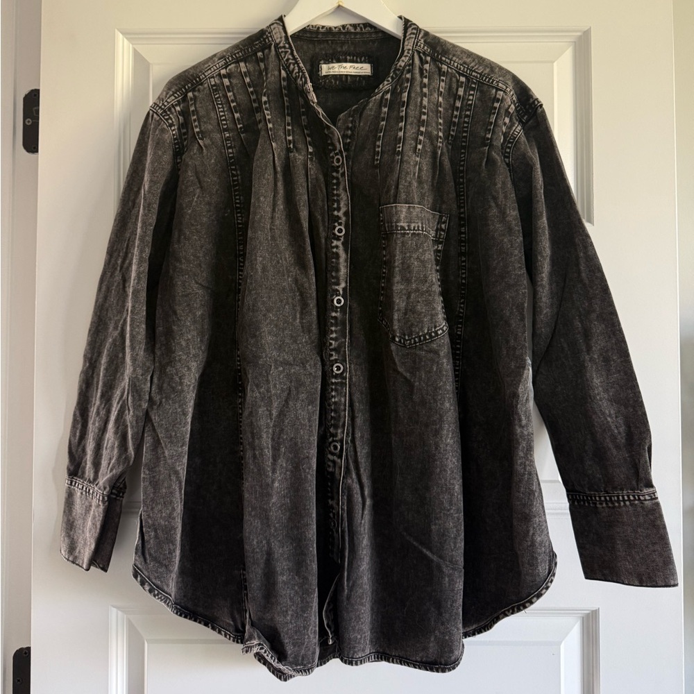 Free People Washed Black Denim Button-Up Top | Boho Oversized Denim Shirt